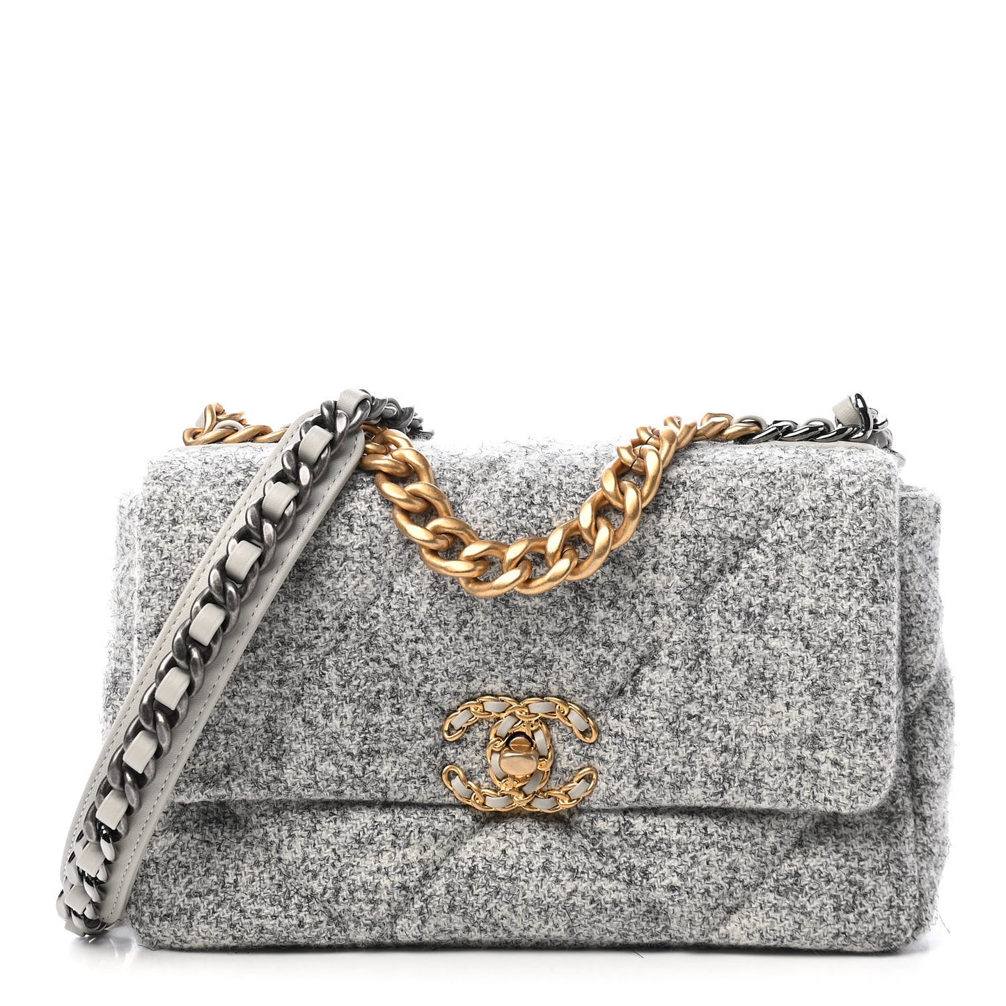 Tweed Quilted Medium Chanel 19 Flap Grey Ecru