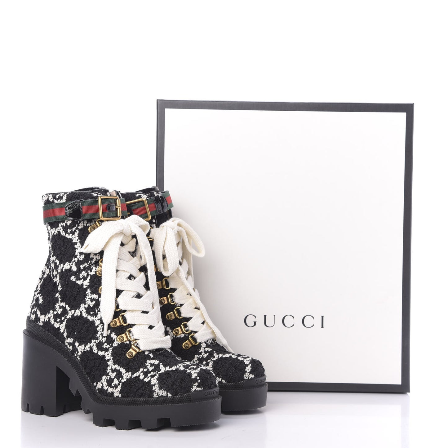 Tweed GG Monogram Lace Up Combat Ankle Boots 37.5 Black