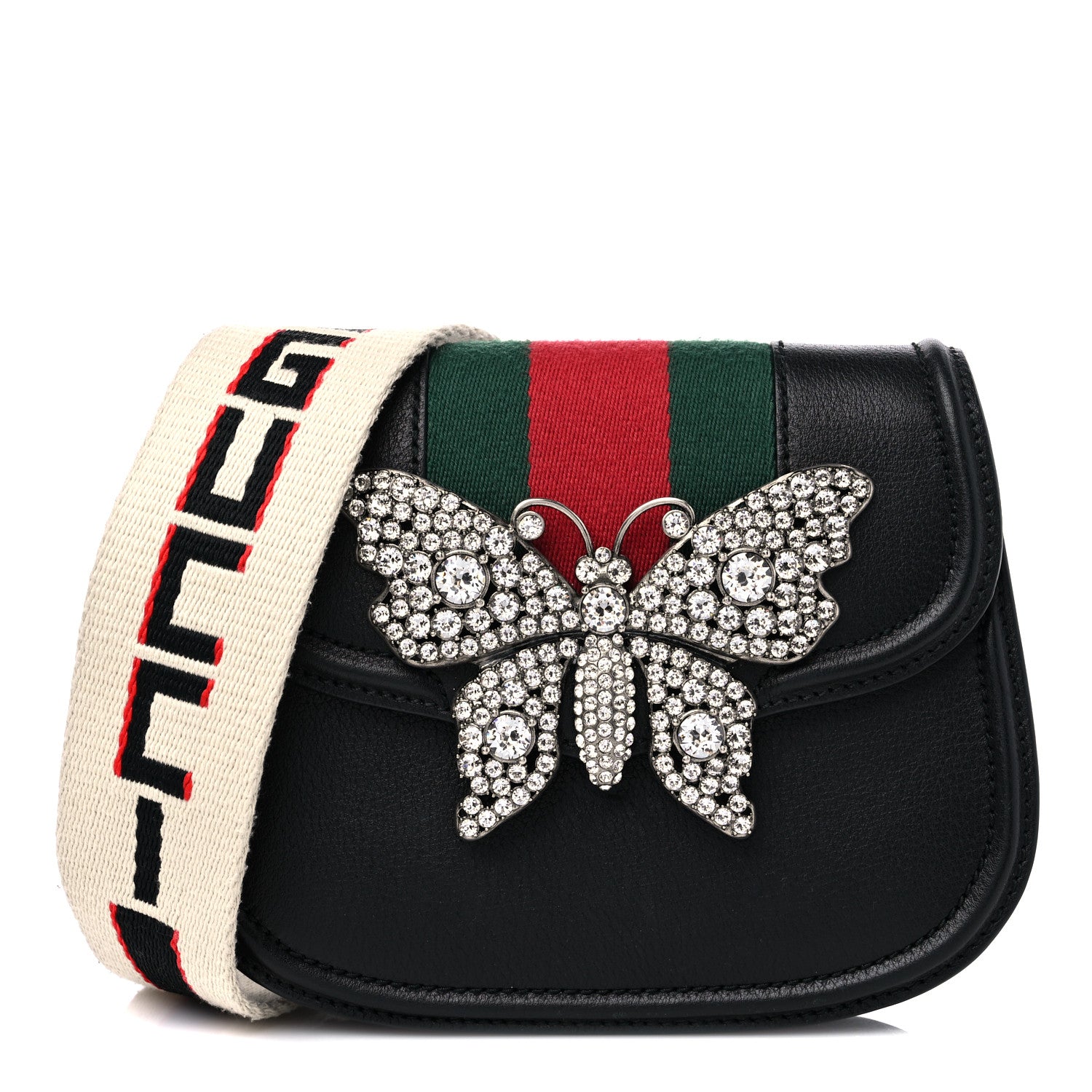 Gucci Calfskin Web Crystal Butterfly Stripe Small Totem Shoulder Bag Black 1 of 13