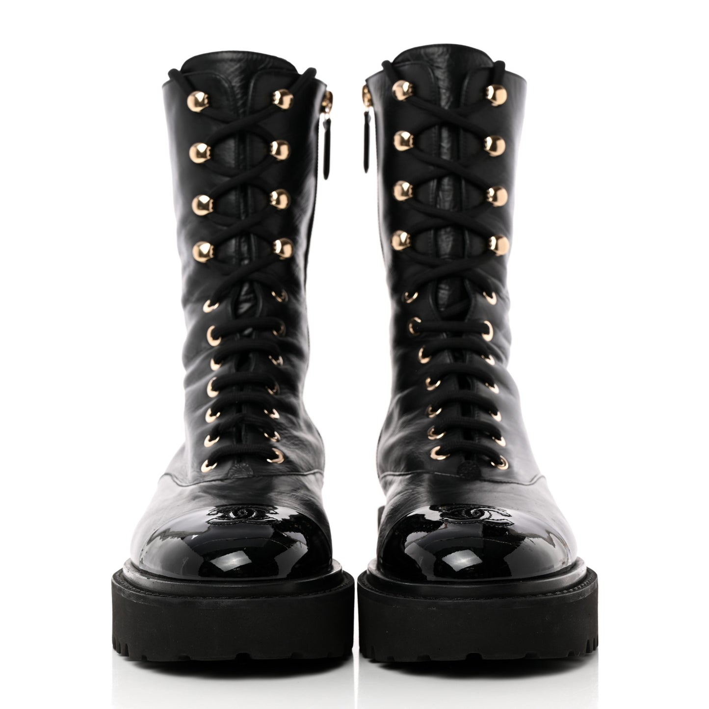 Crumpled Calfskin Patent Cap Toe Lace Up Combat Boots 38.5 Black