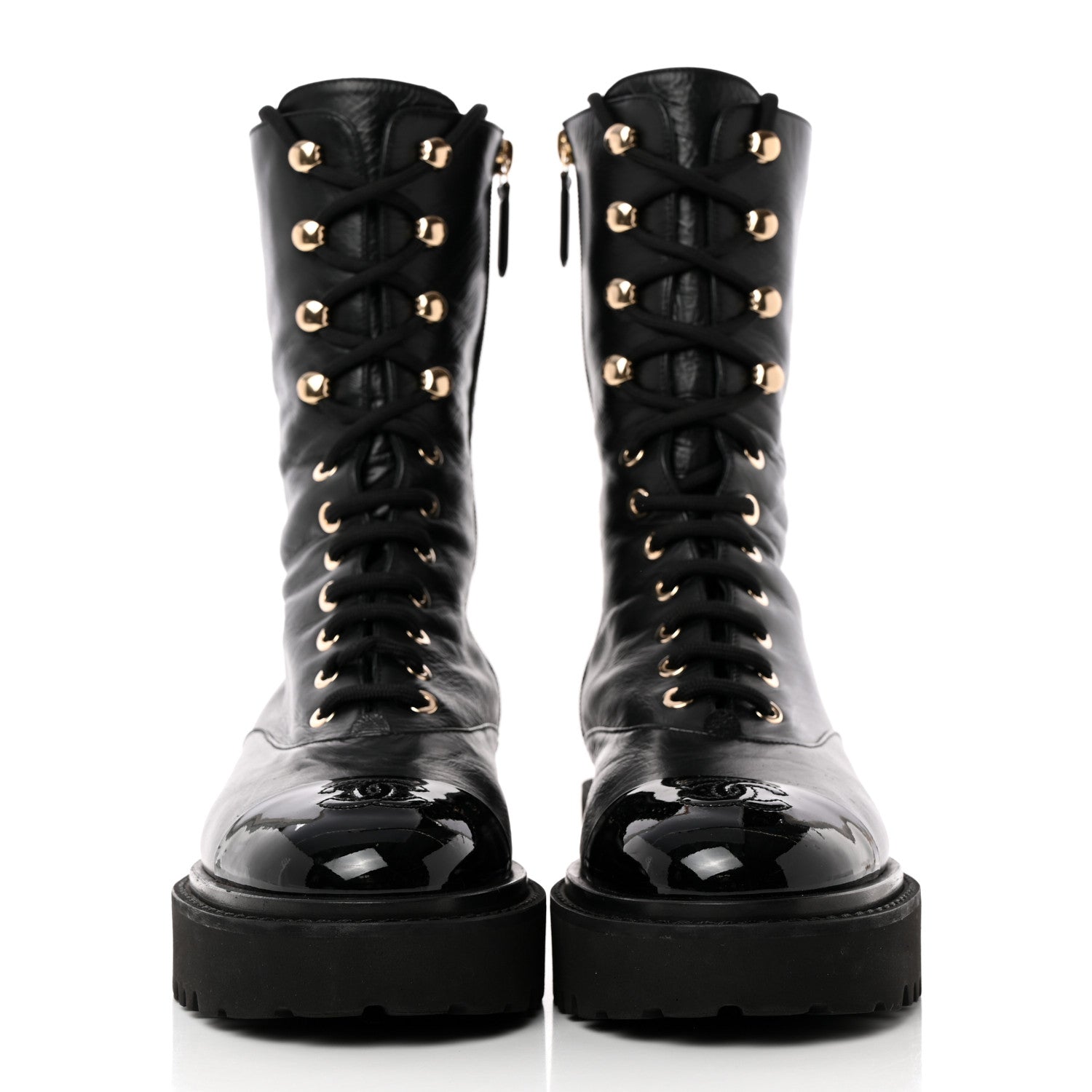 Chanel Crumpled Calfskin Patent Cap Toe Lace Up Combat Boots 38.5 Black 2 of 10