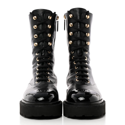 Chanel Crumpled Calfskin Patent Cap Toe Lace Up Combat Boots 38.5 Black 2 of 10