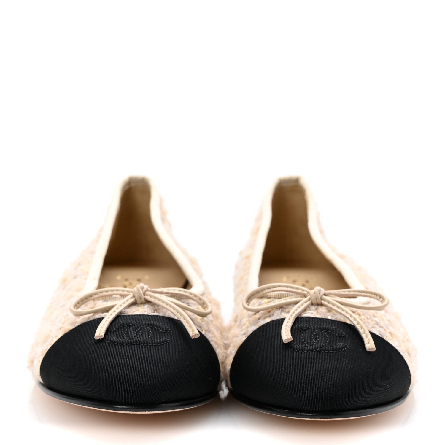 Chanel Glittered Tweed Sequin Grosgrain Cap Toe Ballet Flats 41 Beige Light Yellow Ecru Black 3 of 10