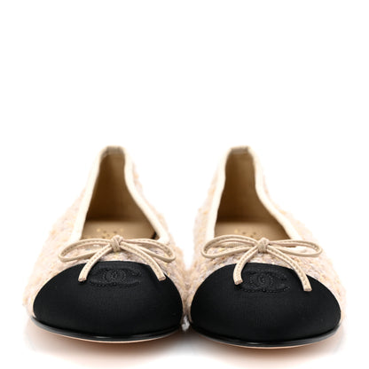 Chanel Glittered Tweed Sequin Grosgrain Cap Toe Ballet Flats 41 Beige Light Yellow Ecru Black 3 of 10