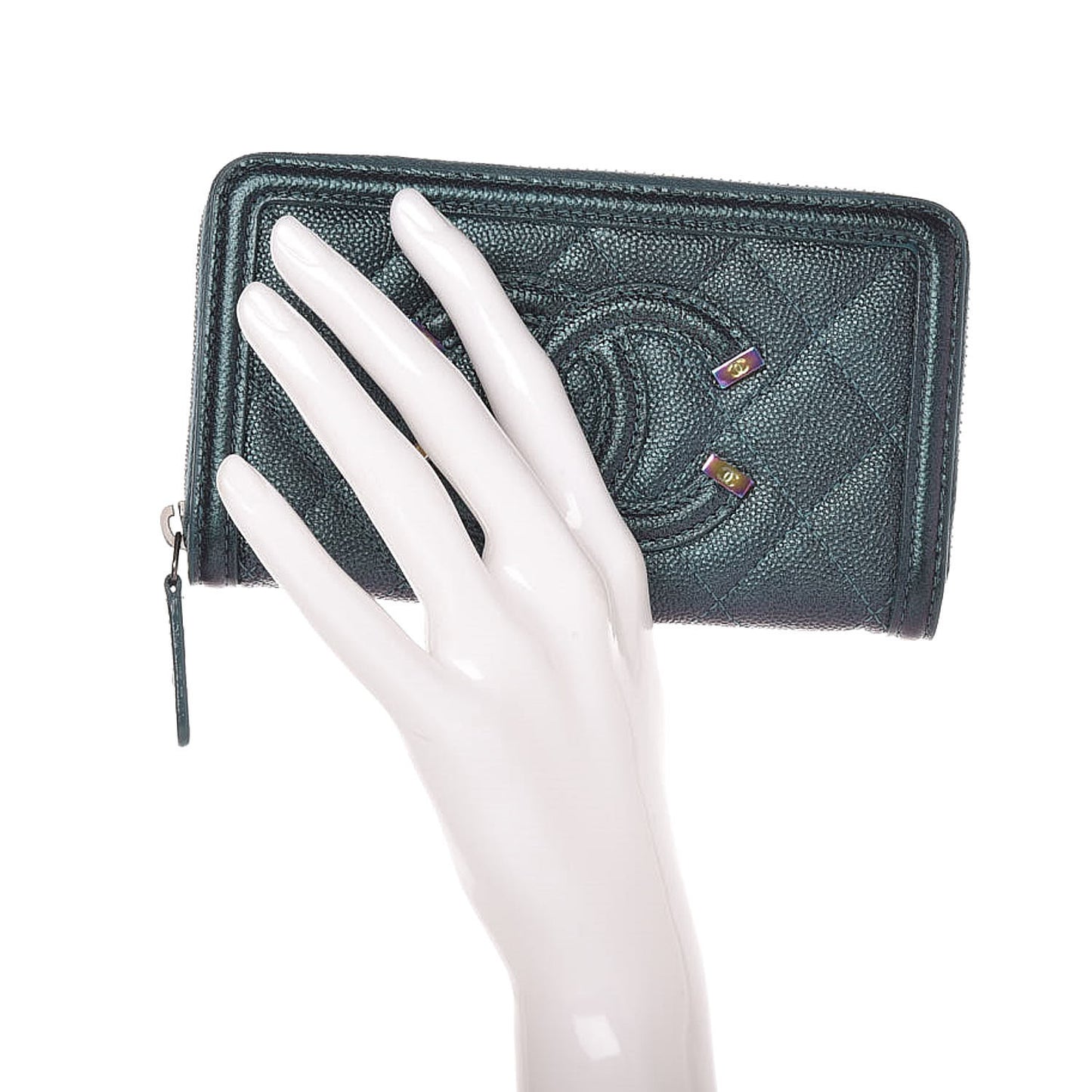 Iridescent Caviar Quilted Medium Filigree Zip Around Wallet Dark Turquoise