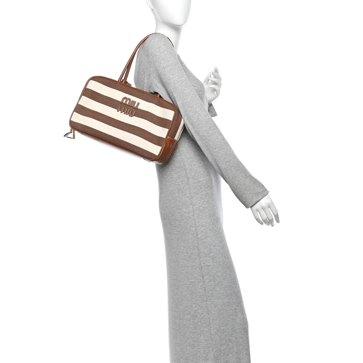 Canvas Calfskin Striped Large Beau Top Handle Bag Cacao Naturale