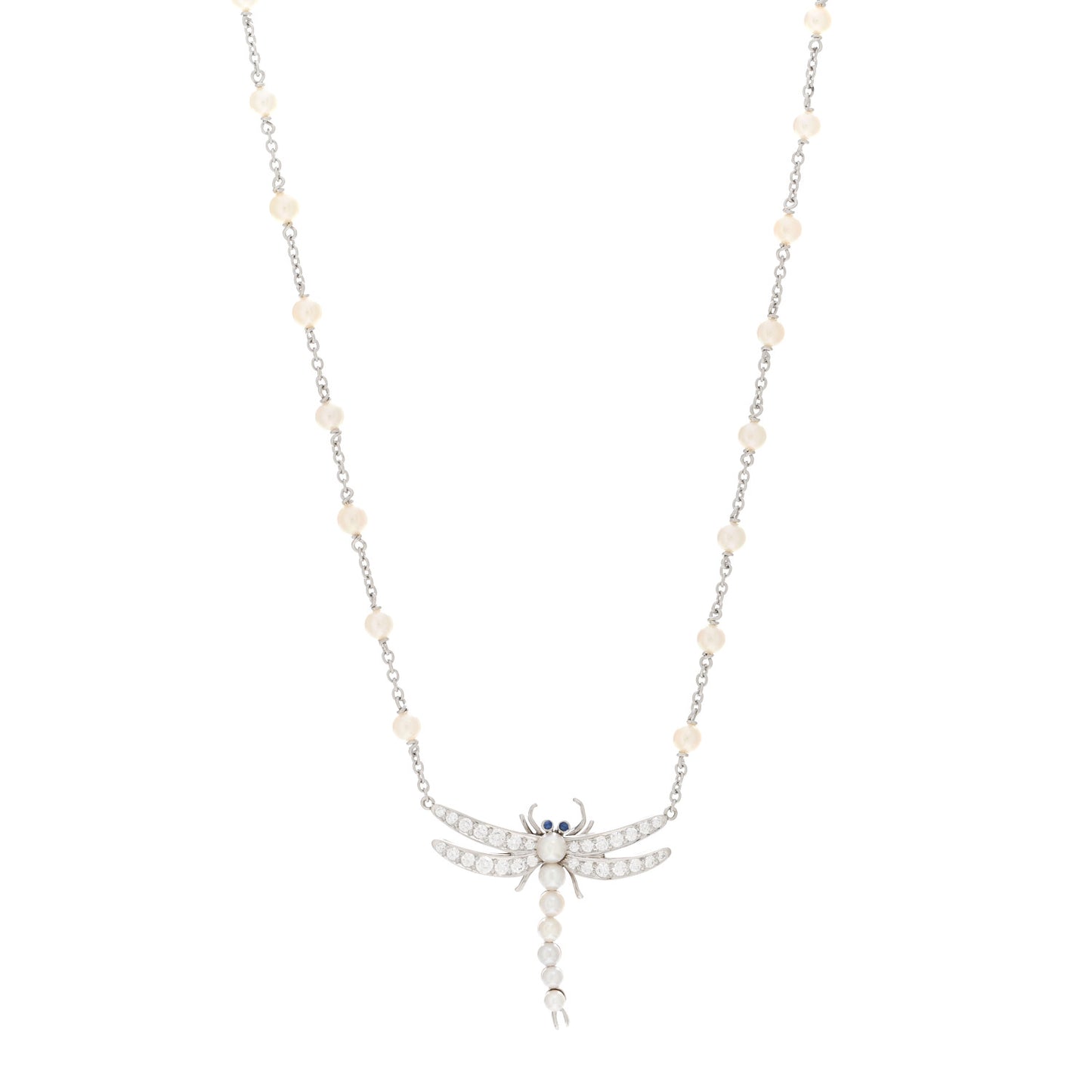 Platinum Diamond Blue Sapphire Pearl Nature Dragonfly Station Necklace