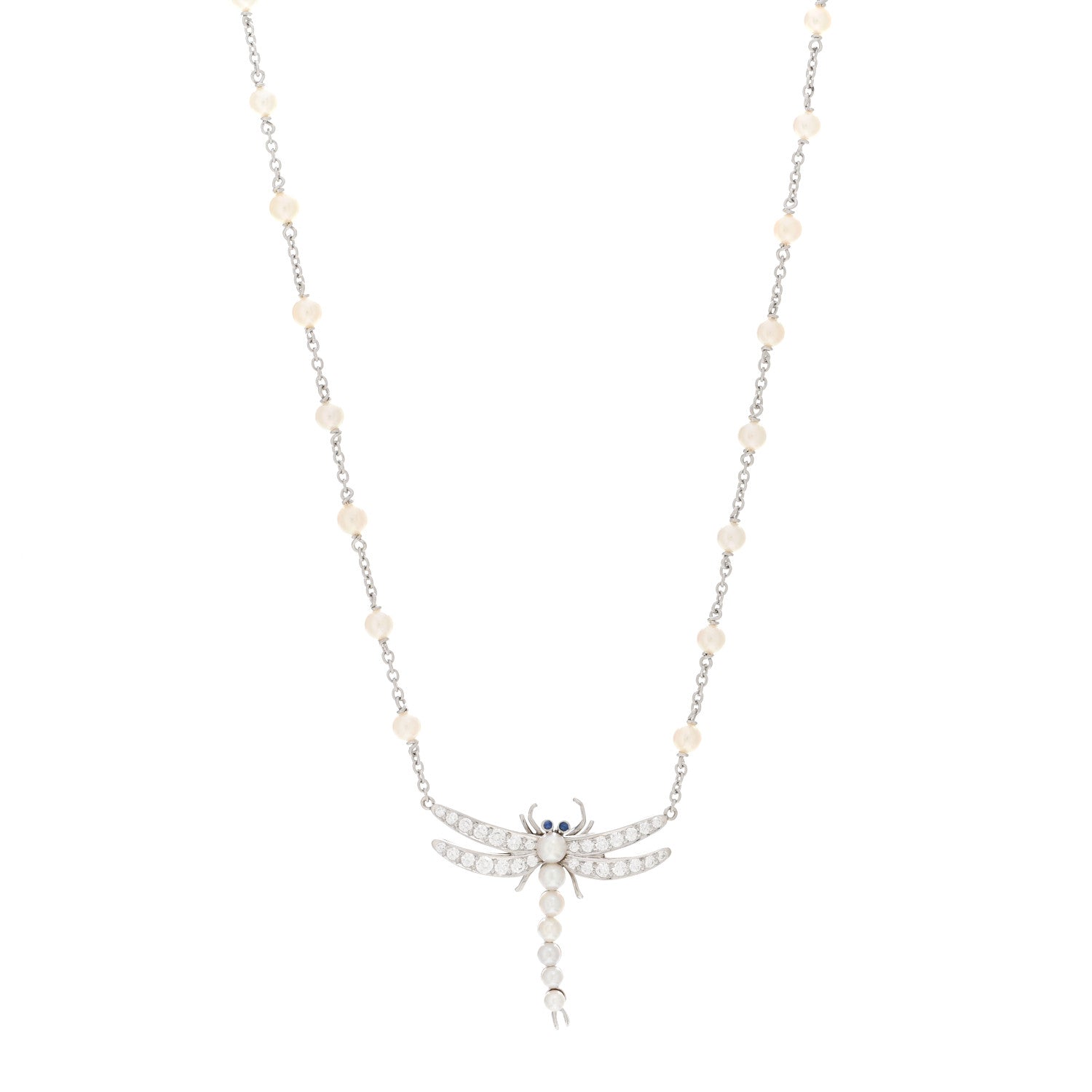 Tiffany Platinum Diamond Blue Sapphire Pearl Nature Dragonfly Station Necklace 1 of 6