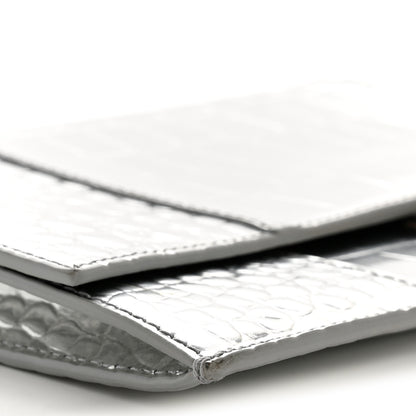 Balenciaga Metallic Calfskin Crocodile Embossed Hourglass Flap Flat Pouch Silver 9 of 15