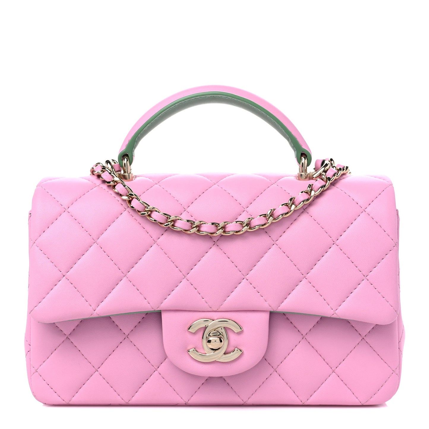 Lambskin Quilted Mini Top Handle Rectangular Flap Lilac Light Green