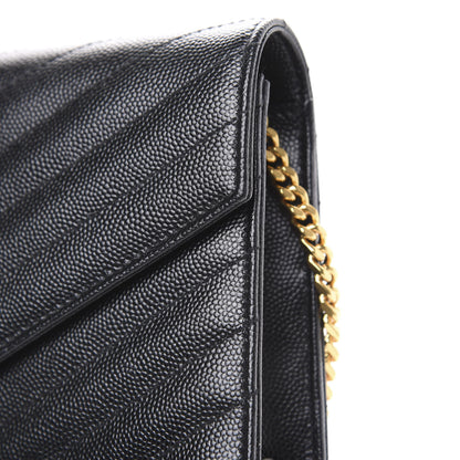 Saint Laurent Grain De Poudre Matelasse Chevron Monogram Envelope Chain Wallet Black 10 of 12