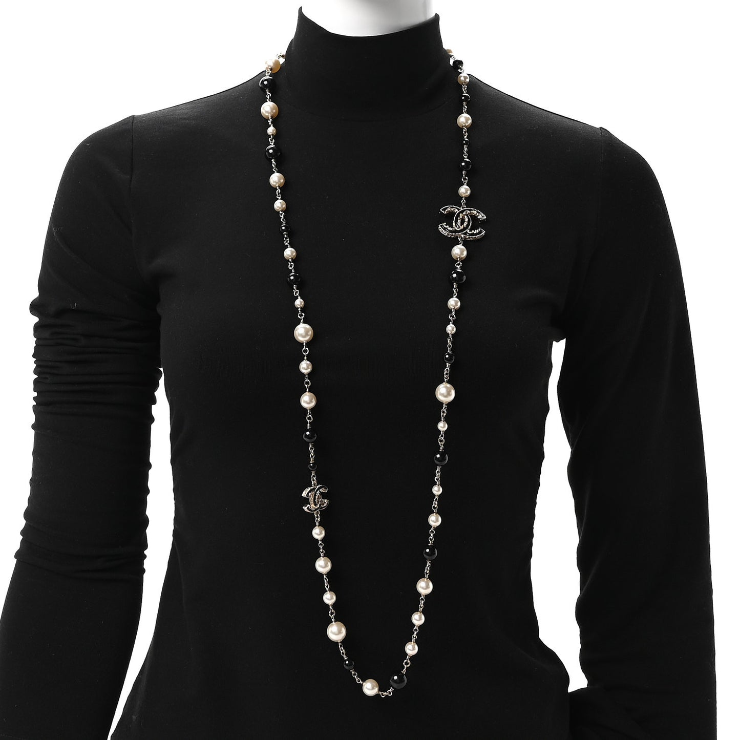 Enamel Pearl Baroque Crystal CC Long Necklace Gold Black White