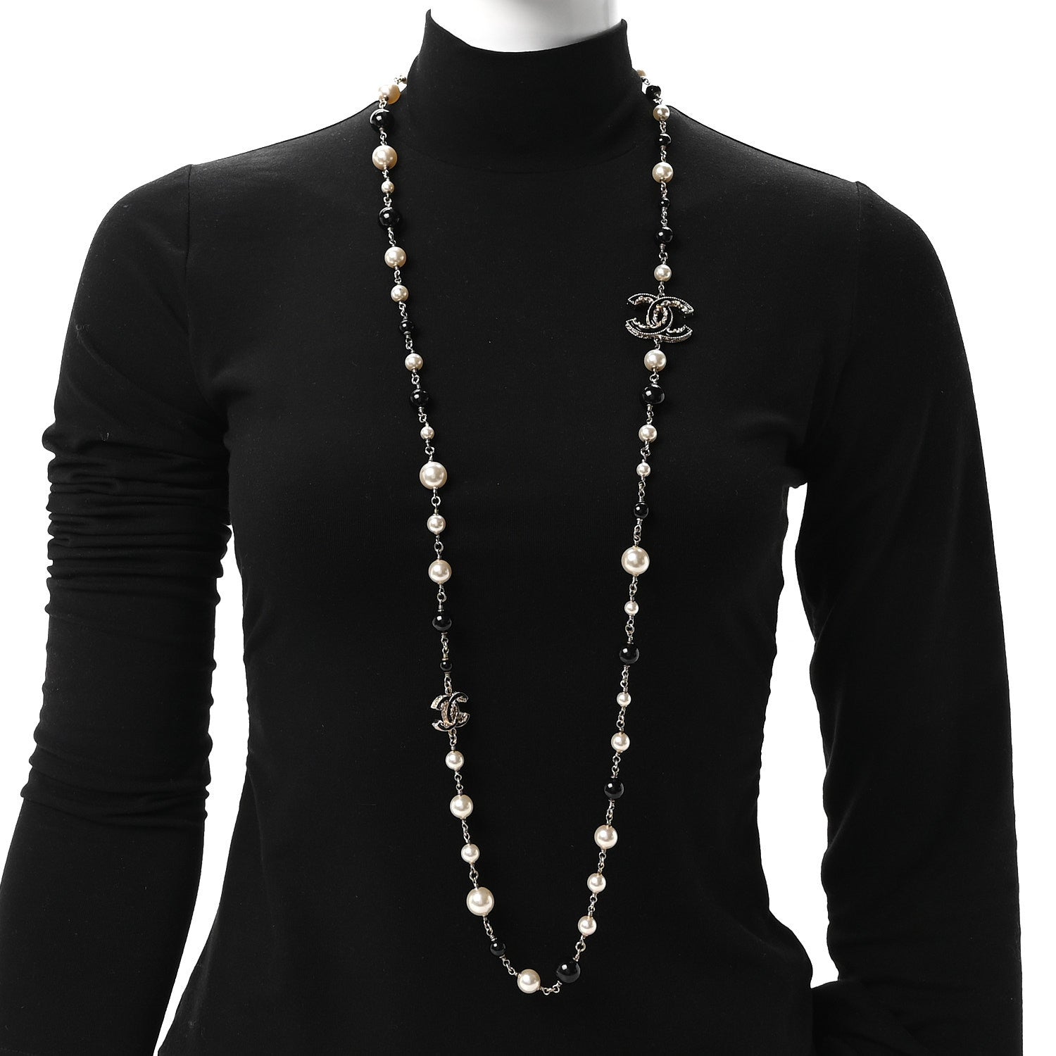 Chanel Enamel Pearl Baroque Crystal CC Long Necklace Gold Black White 2 of 5