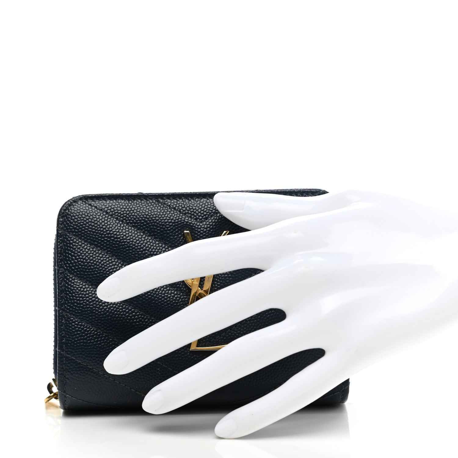 Saint Laurent Grain De Poudre Matelasse Chevron Monogram Compact Zip Around Wallet Deep Marine 3 of 6