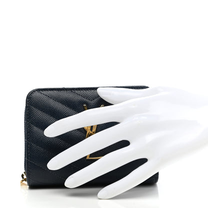 Saint Laurent Grain De Poudre Matelasse Chevron Monogram Compact Zip Around Wallet Deep Marine 3 of 6