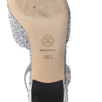 Chanel Tweed Grosgrain Cap Toe CC Slingback Pumps 38.5 Grey Silver Black 8 of 15