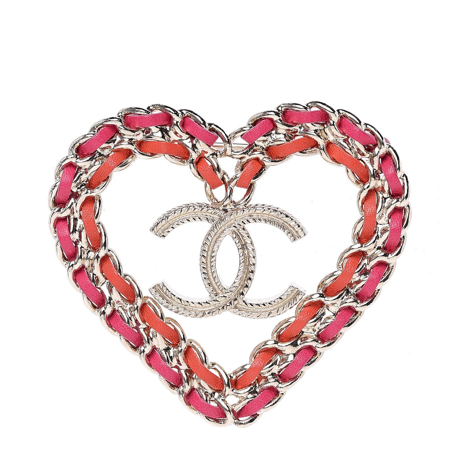 Metal Calfskin Braided Heart CC Brooch Pink Red Gold