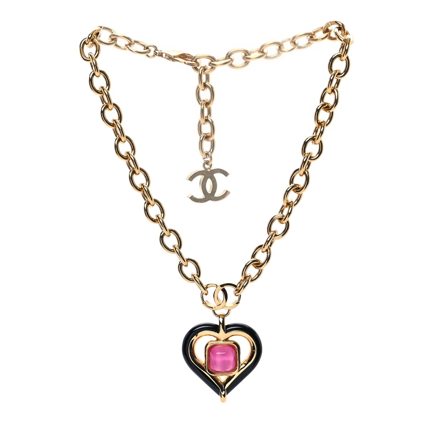 Chanel Resin Crystal Heart CC Pendant Necklace Gold Pink Black 3 of 4