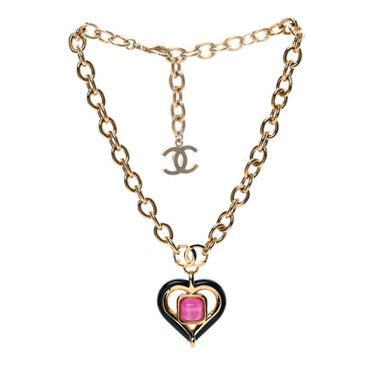Chanel Resin Crystal Heart CC Pendant Necklace Gold Pink Black 3 of 4