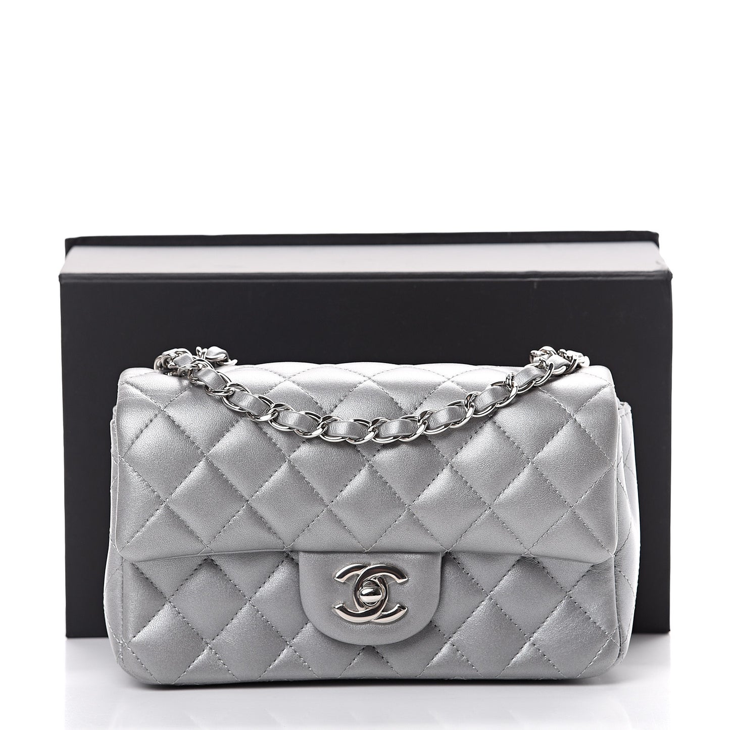 Metallic Lambskin Quilted Mini Rectangular Flap Silver