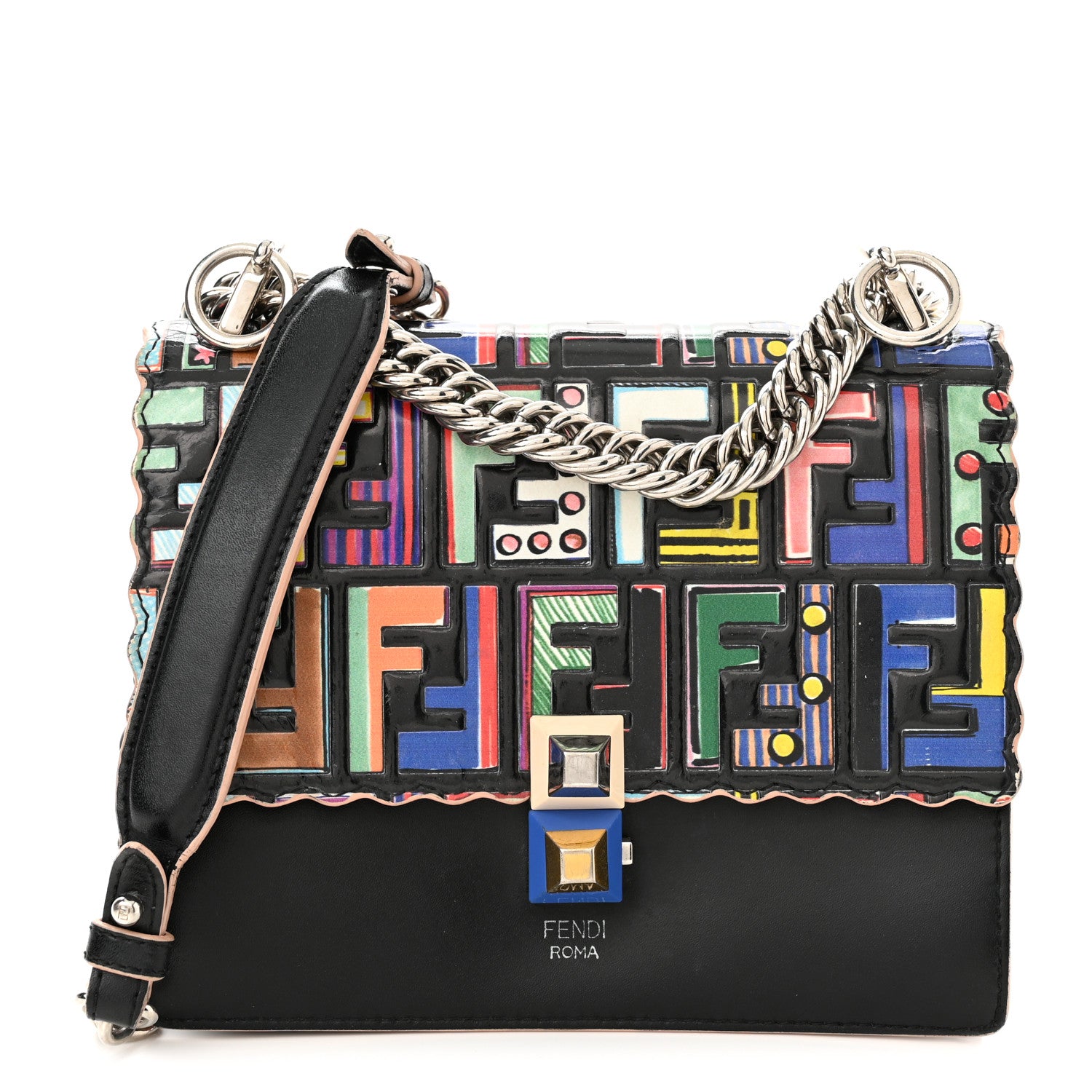 Fendi Vitello Liberty Fun Fair Embossed Scalloped Kan I Shoulder Bag Black Multicolor 1 of 12