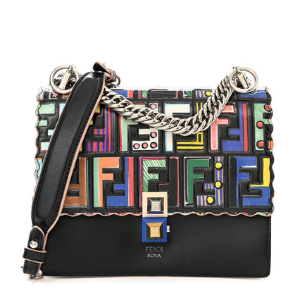 Fendi Vitello Liberty Fun Fair Embossed Scalloped Kan I Shoulder Bag Black Multicolor 1 of 12