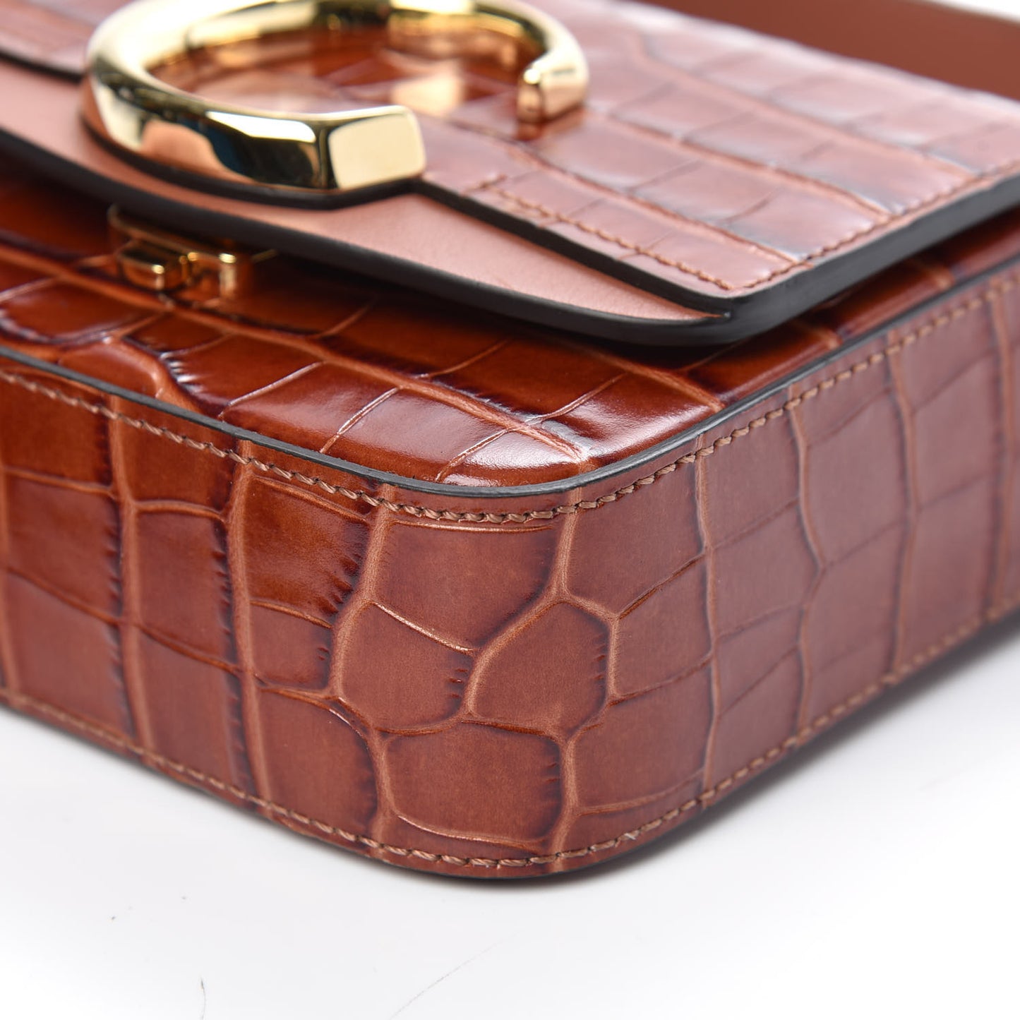 Calfskin Crocodile Embossed Mini C Double Carry Chestnut Brown