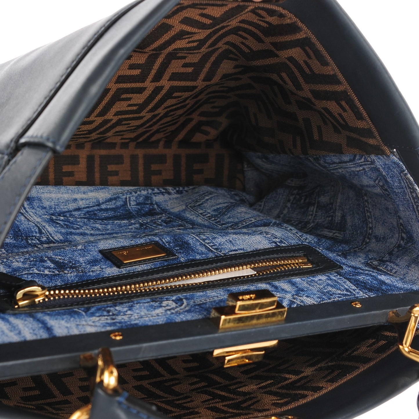 Calfskin Denim Zucca Large Peekaboo Iconic Satchel Navy