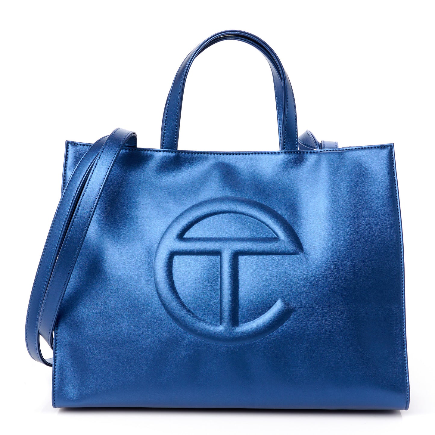 Metallic Vegan Leather Medium Shopping Bag Cobalt
