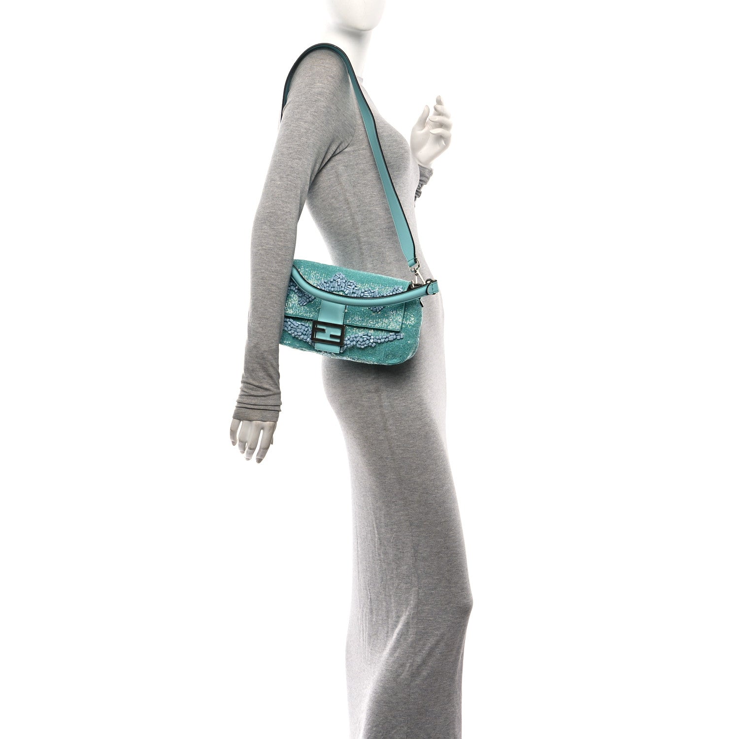 Fendi Rolling Stone Vitello Seta Bead Embroidered Re-Edition Baguette Spring Turquoise 2 of 10