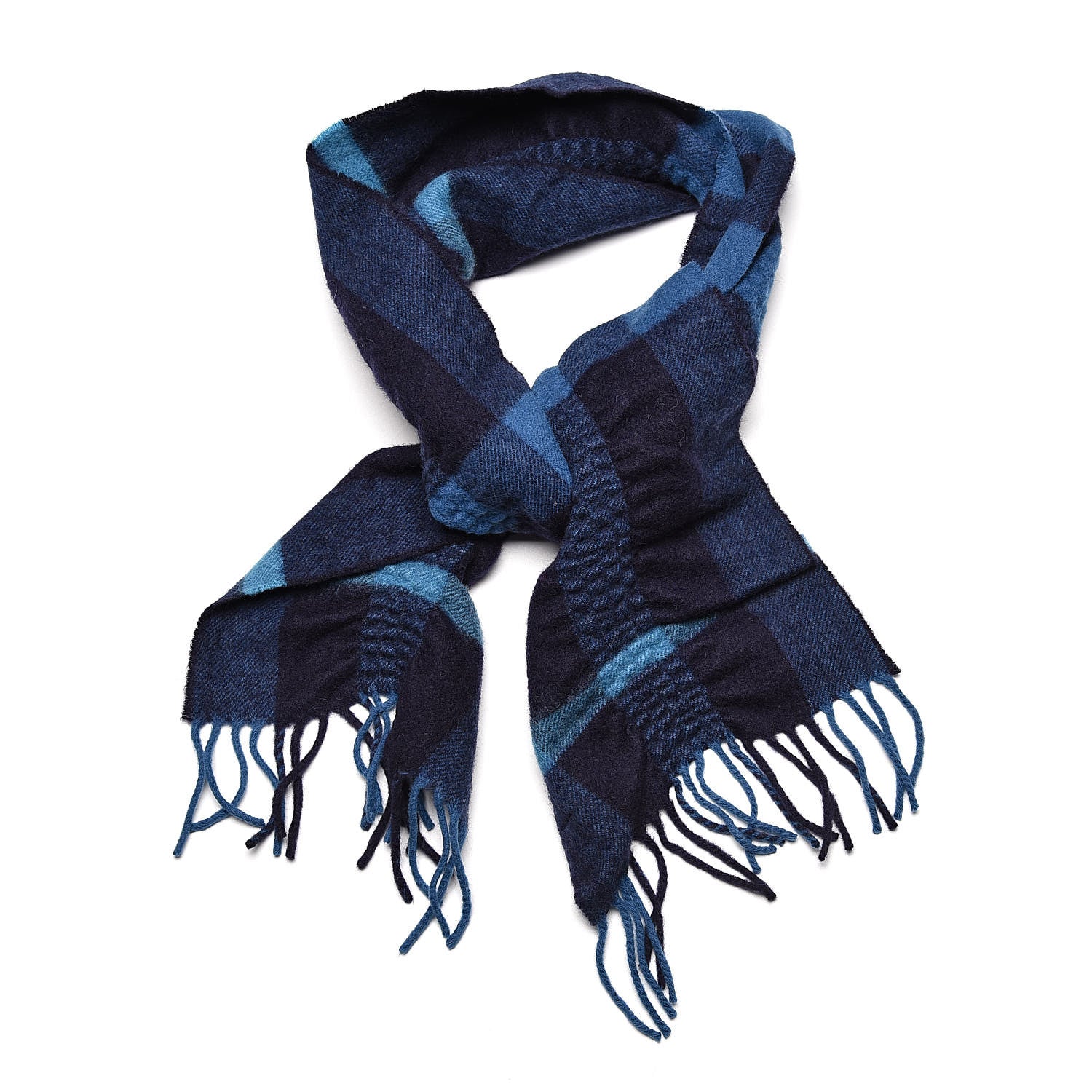 Burberry Cashmere Check Ruched Fringe Scarf Blue 1 of 4
