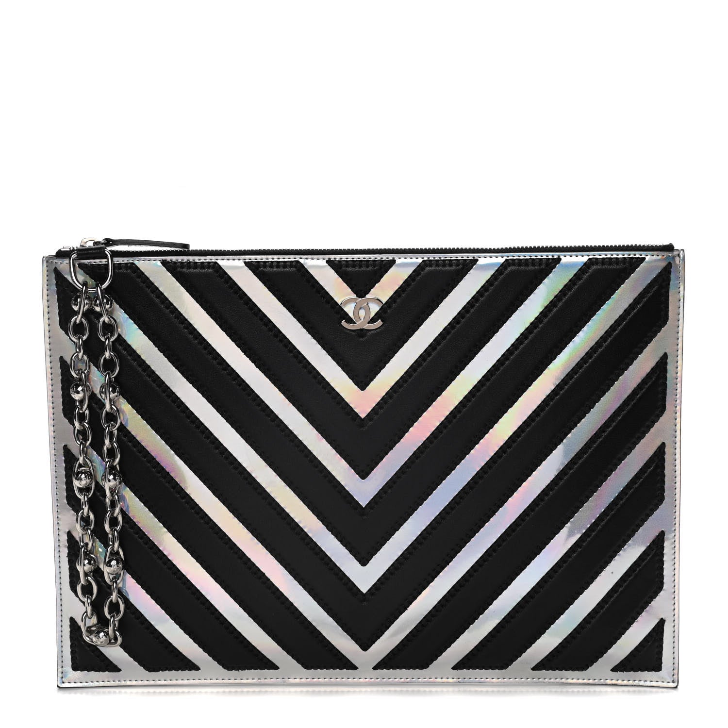 Chanel Lambskin Metallic Chevron Zip Pouch Black Silver 1 of 9