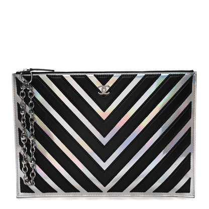 Chanel Lambskin Metallic Chevron Zip Pouch Black Silver 1 of 9