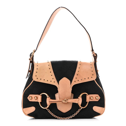 Gucci Monogram Horsebit Chain Studded Flap Shoulder Bag Black 1 of 9