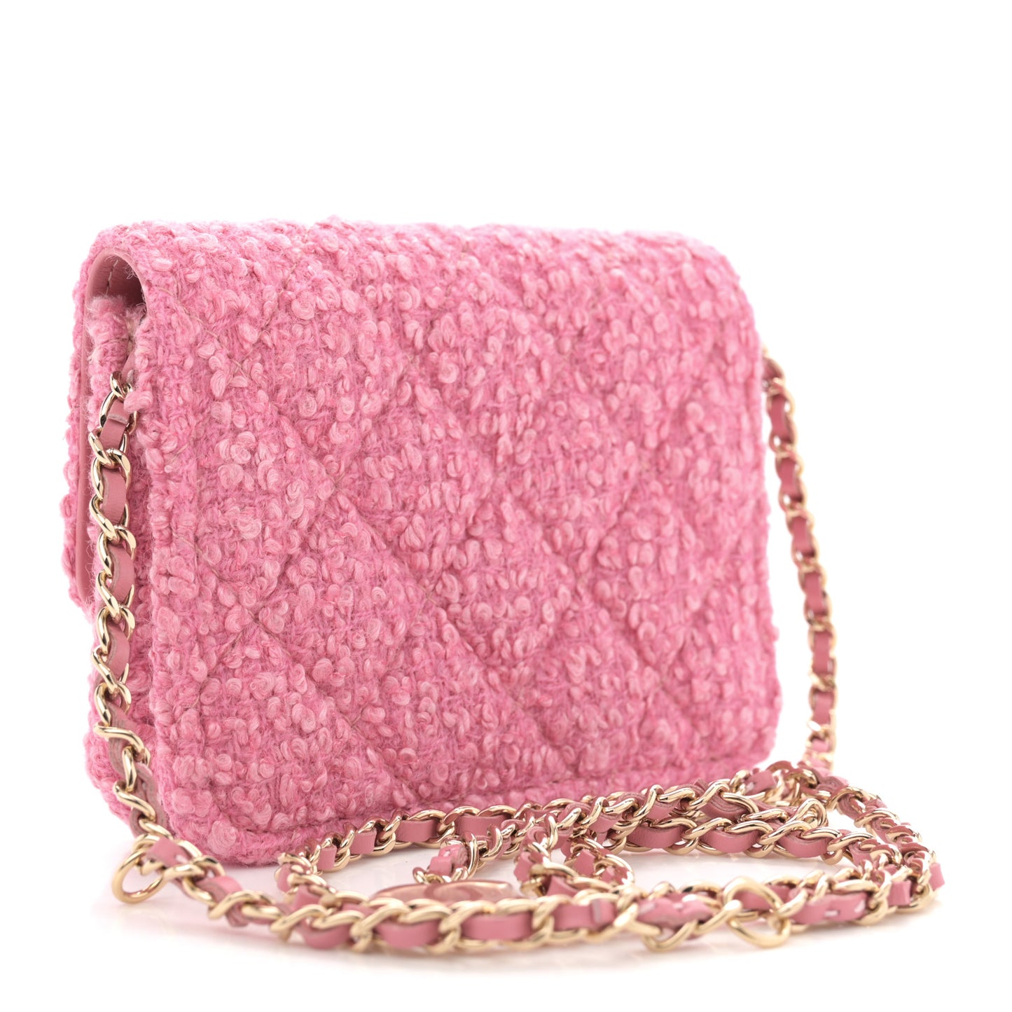 Tweed Quilted Flap Chain Waist Bag Pink