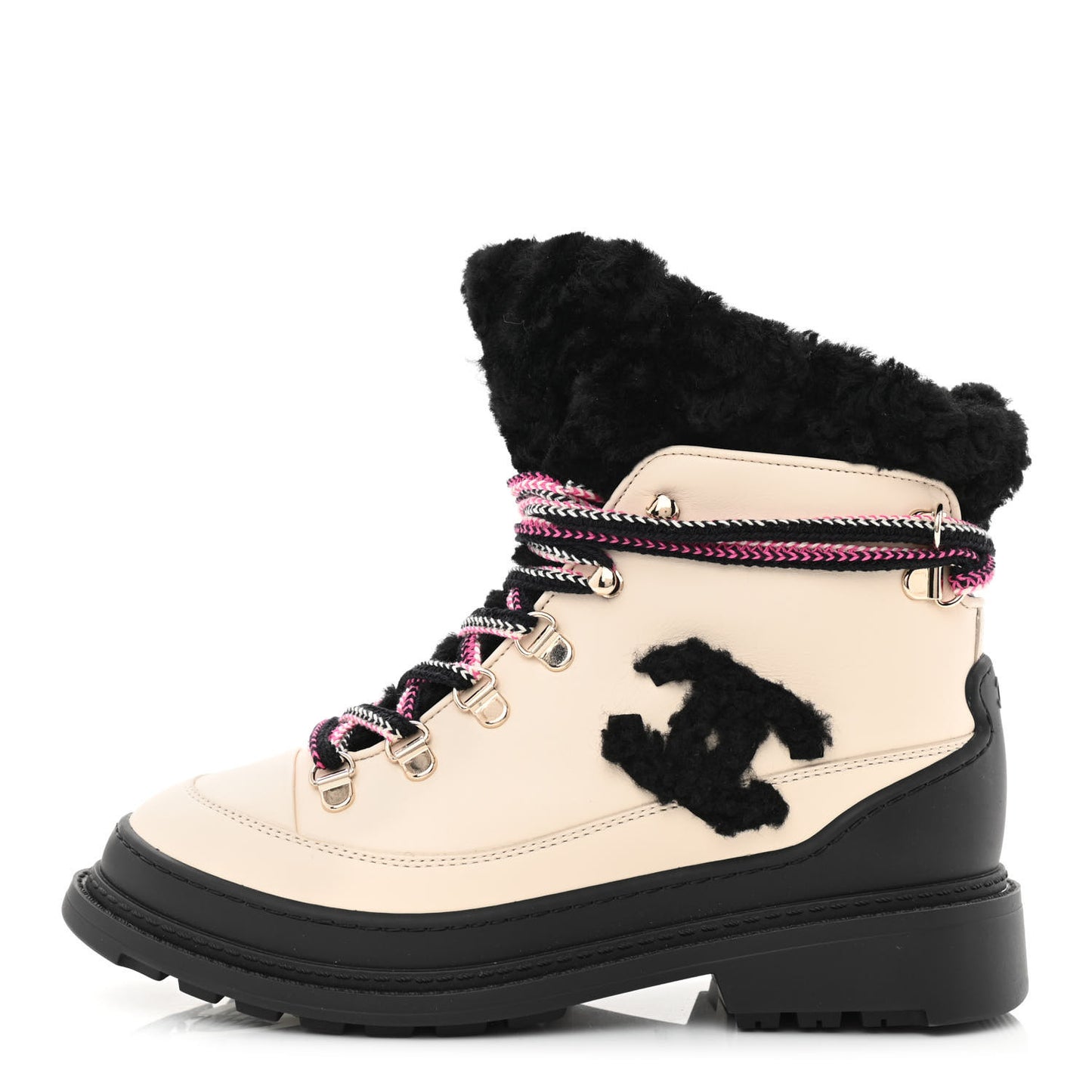 Calfskin Shearling CC Lace Up Boots 35 Black White