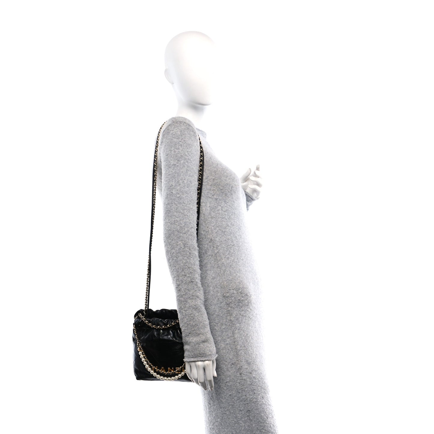 Shiny Crumpled Calfskin Quilted Pearl Mini Chanel 22 Black