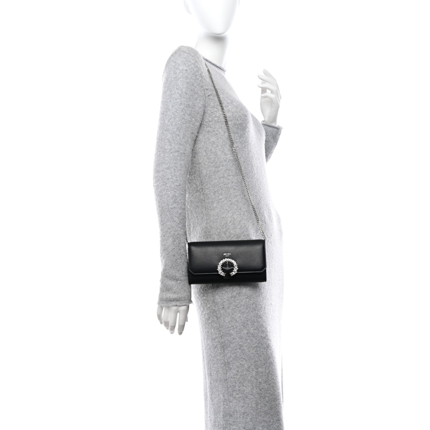 Jimmy Choo Smooth Calfskin Crystal Embellished Chain Wallet Black 2 of 10