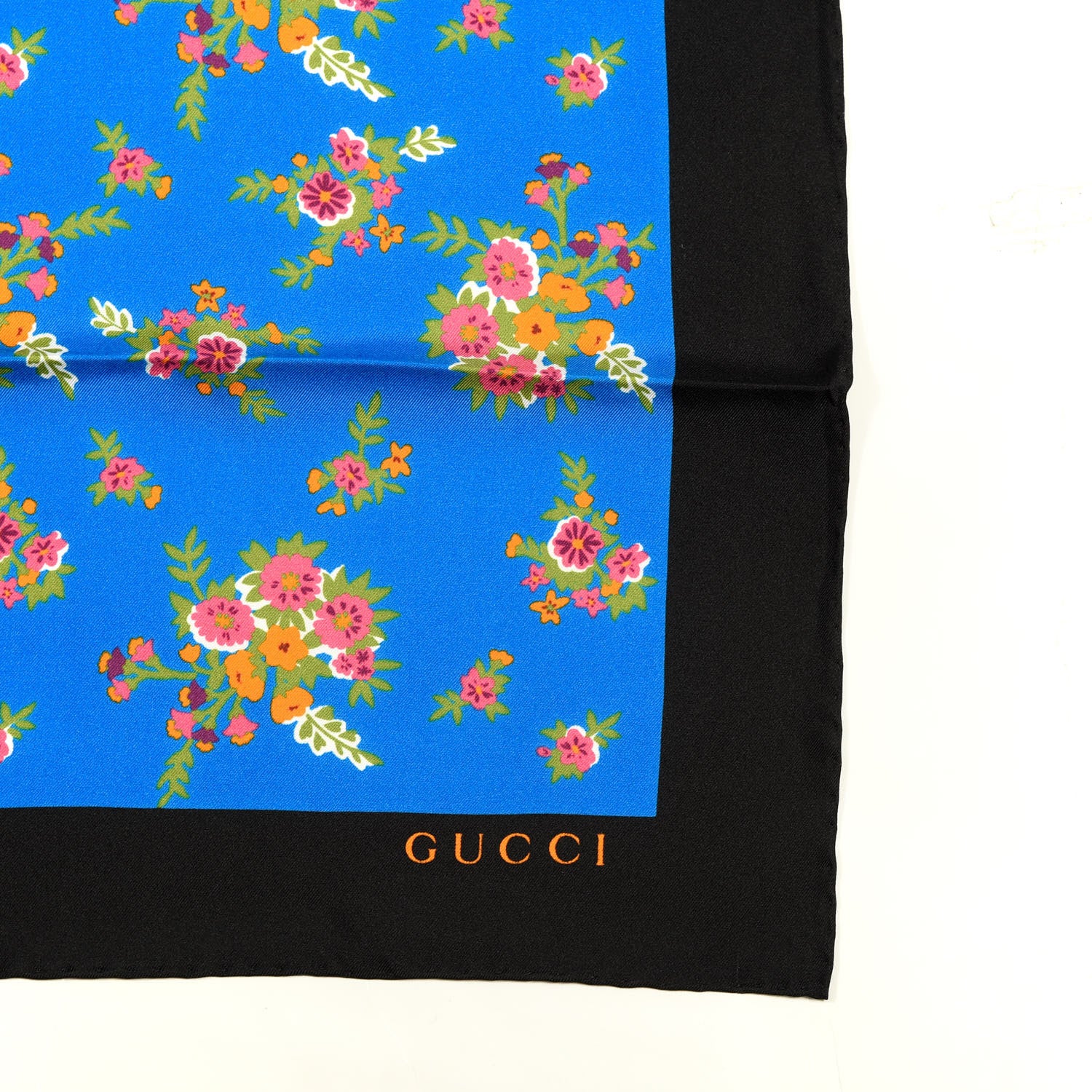 Gucci Silk Floral Print Web Square Scarf Black Blue 2 of 4