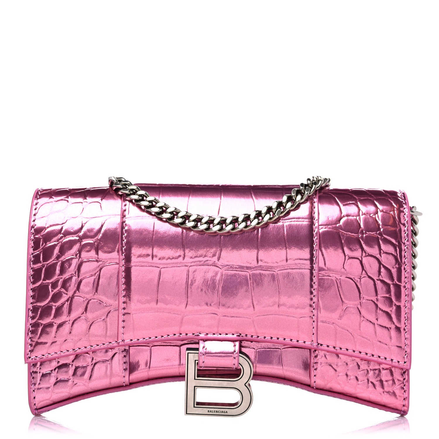 Balenciaga Metallic Shiny Calfskin Crocodile Embossed Hourglass Chain Bag Pink 1 of 10