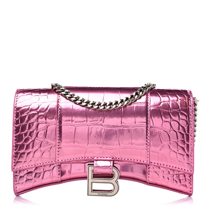 Balenciaga Metallic Shiny Calfskin Crocodile Embossed Hourglass Chain Bag Pink 1 of 10