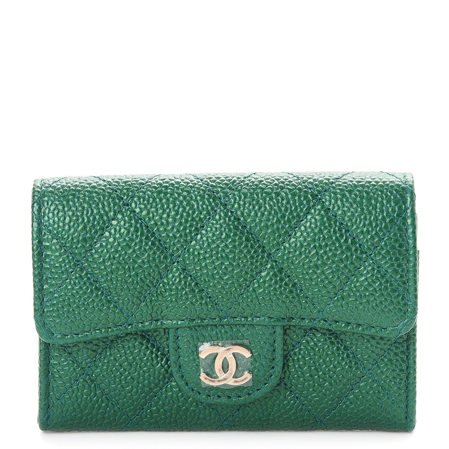 Metallic Caviar Quilted Card Holder Green