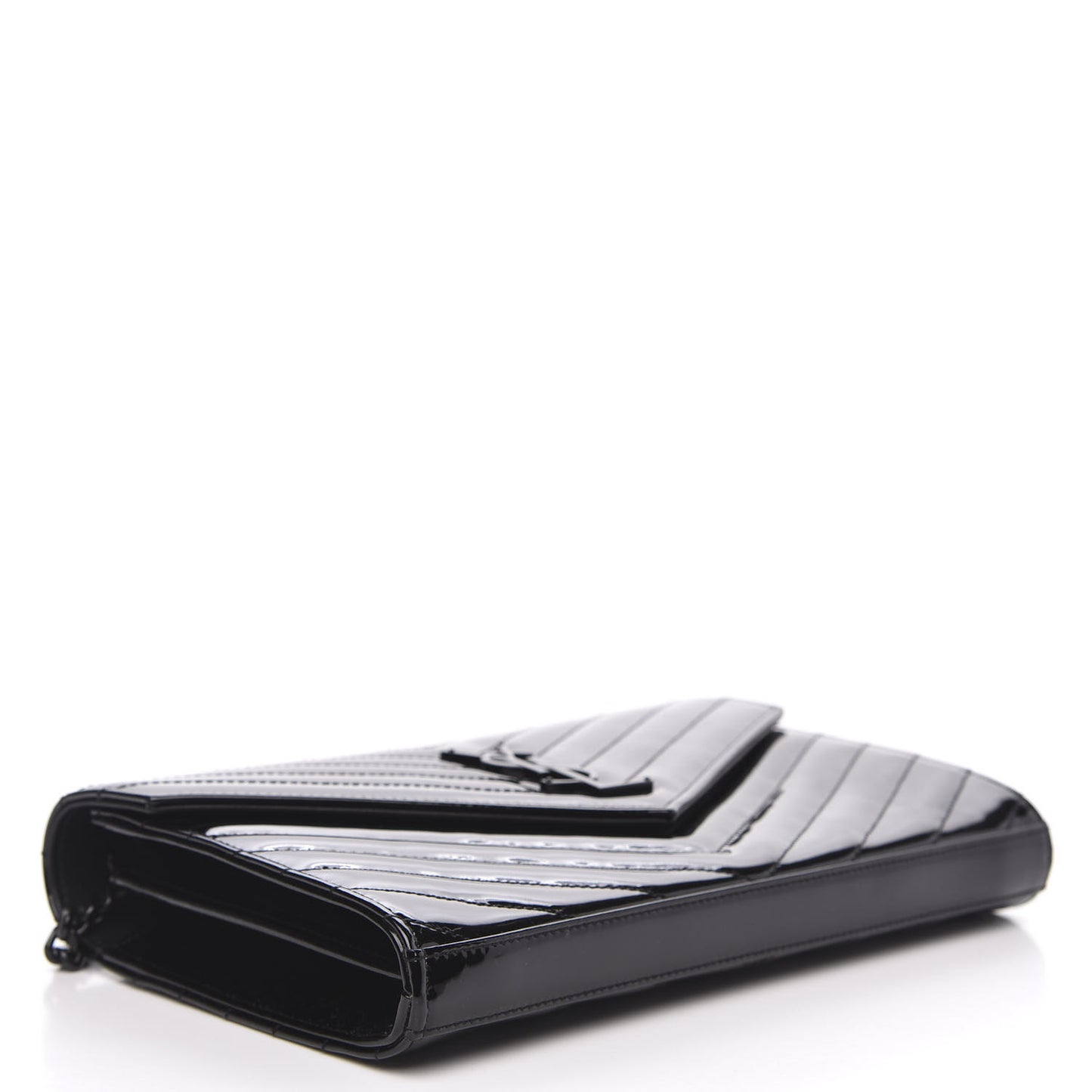 Patent Matelasse Chevron Monogram Chain Wallet Black