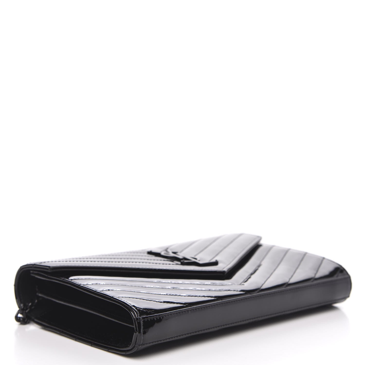 Saint Laurent Patent Matelasse Chevron Monogram Chain Wallet Black 4 of 9