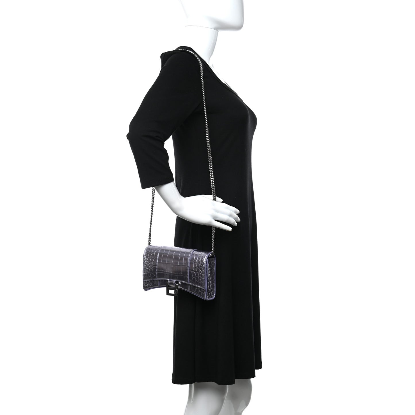 Shiny Metallic Calfskin Crocodile Embossed Hourglass Chain Bag Lilac