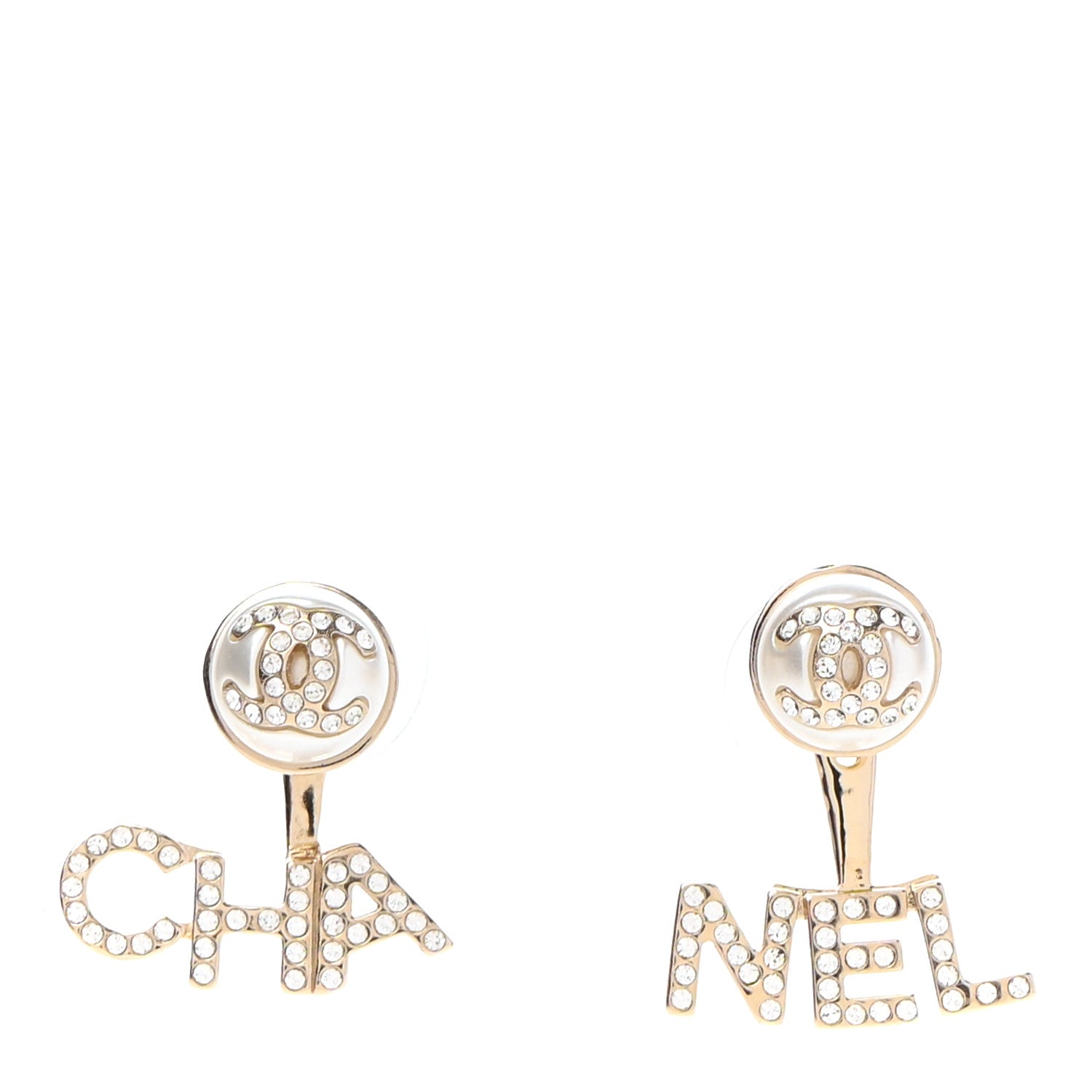 Chanel Pearl Crystal Logo Earrings Gold Pearly White 1 of 5