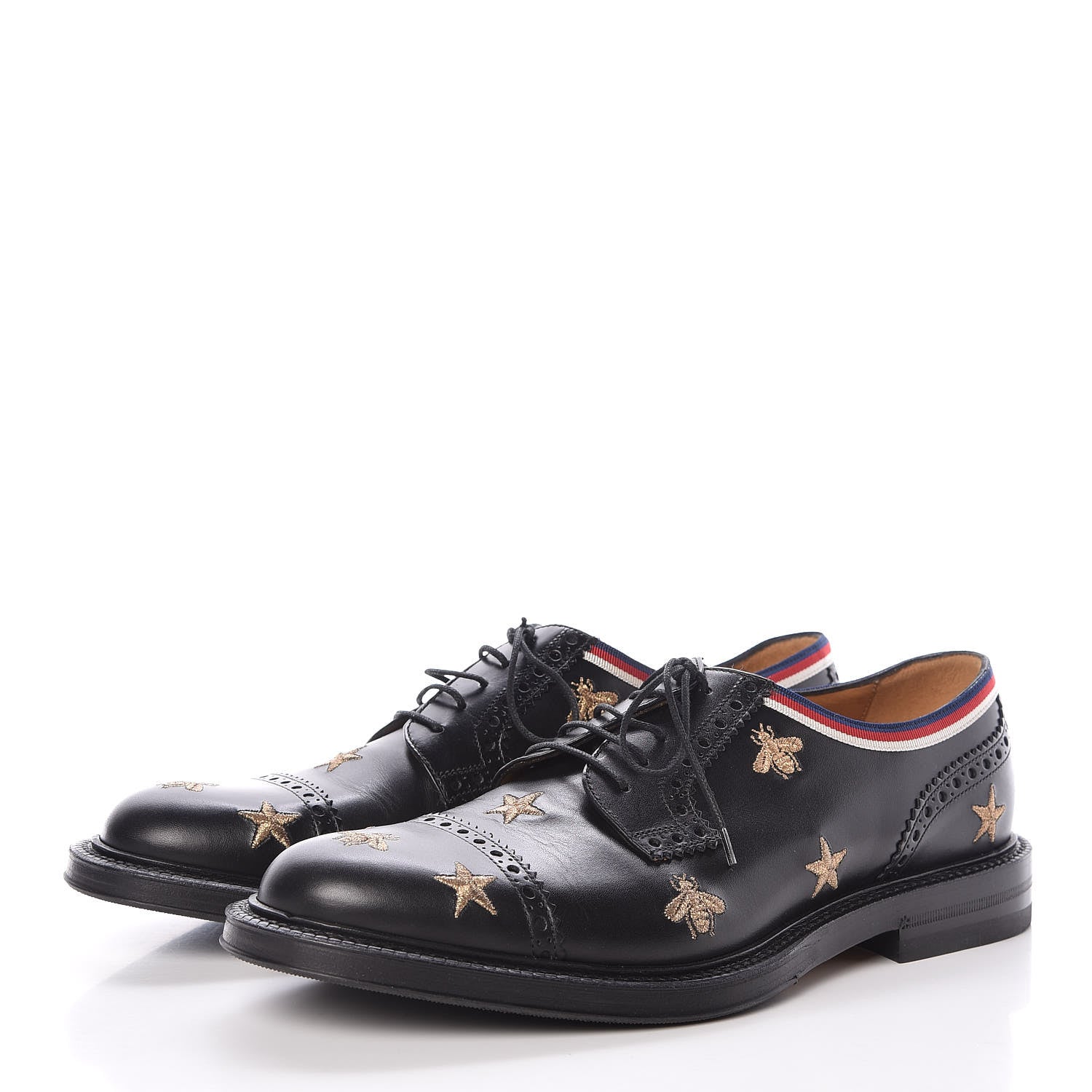 Gucci Calfskin Bee Star Embroidered Mens Captoe Derby Loafers 8 Black 3 of 7