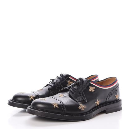 Gucci Calfskin Bee Star Embroidered Mens Captoe Derby Loafers 8 Black 3 of 7
