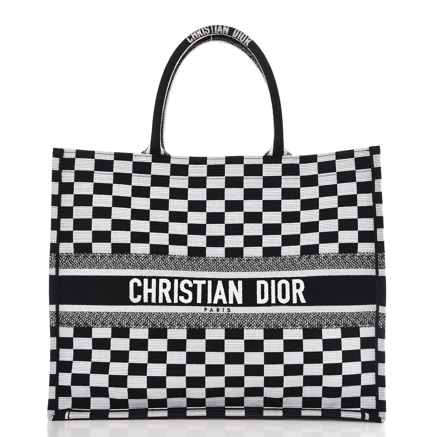 Canvas Embroidered Checkered Book Tote Black White