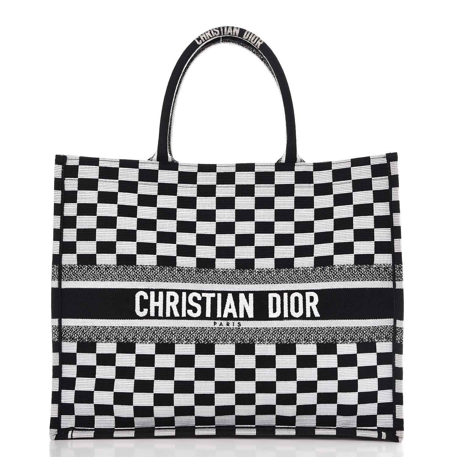 Christian Dior Canvas Embroidered Checkered Book Tote Black White 1 of 10